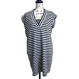 ATM Women's Stripped Dress Pima Cotton Cover-Up Pockets White Blue Size M